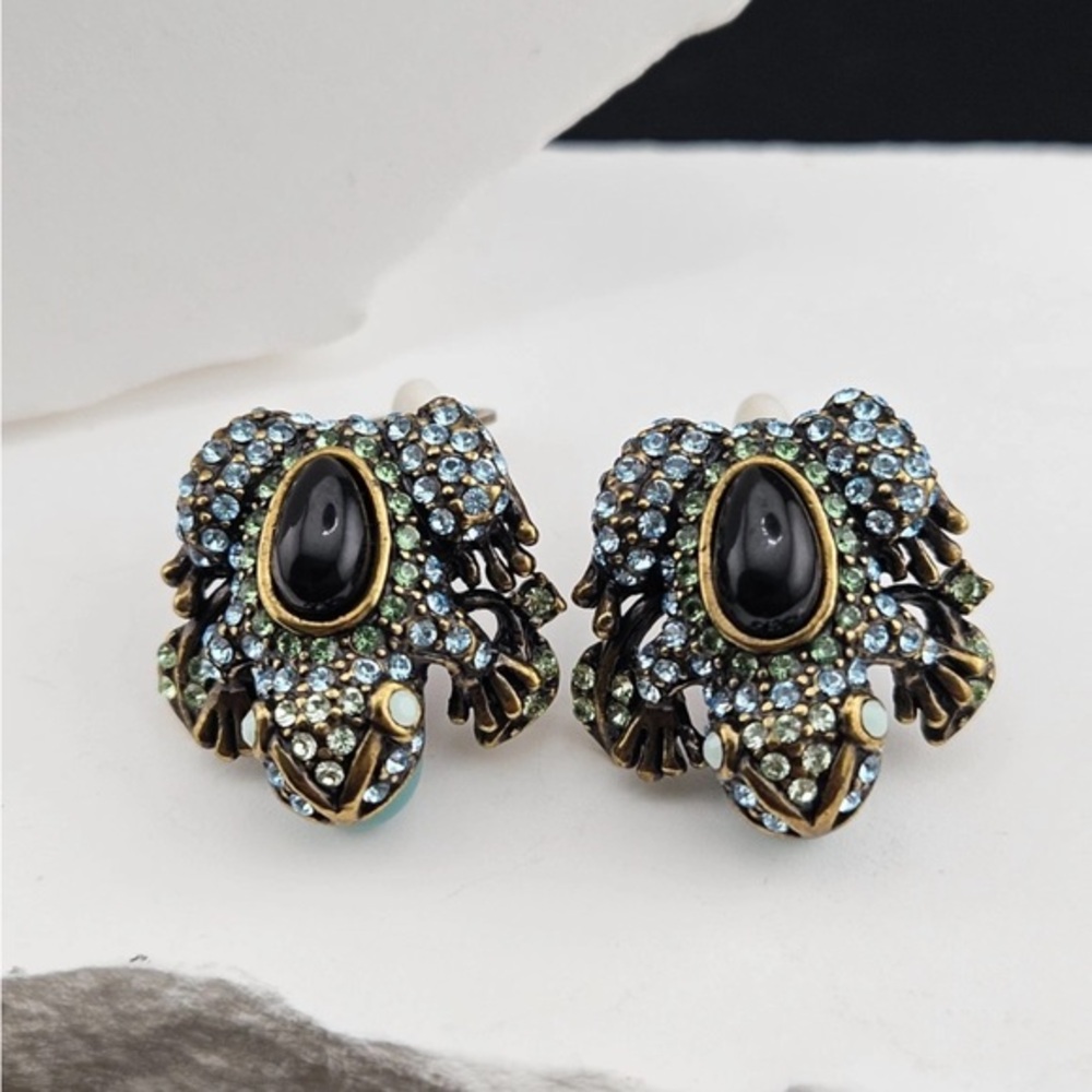 Heidi Daus Black and Light Blue Crystal Frog Clip-On Earrings